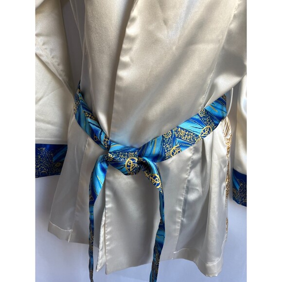 Antonio Stefano Cream White Satin Robe Size M Gold Blue Novelty Leopard Print - Picture 4 of 12